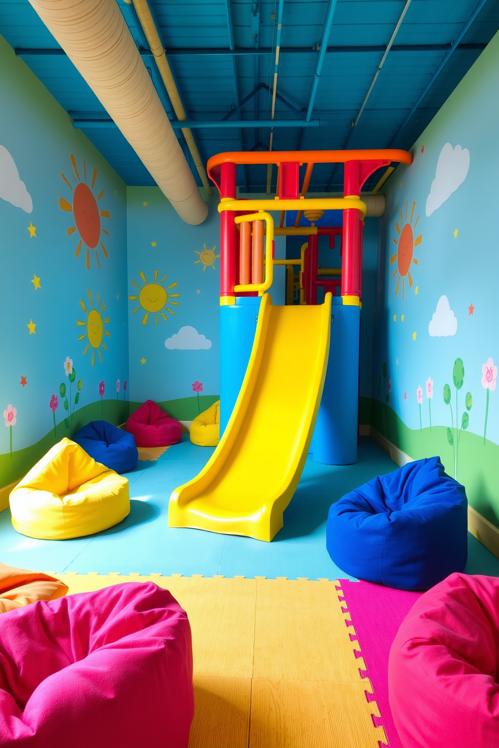 A vibrant summer playroom filled with joy and creativity. The focal point is a mini indoor slide that curves down from a colorful climbing structure, surrounded by soft play mats in bright hues. The walls are adorned with playful murals of sunshine and clouds, creating an inviting atmosphere. Cozy bean bags in various colors are scattered around, providing comfortable seating for children to relax and play.
