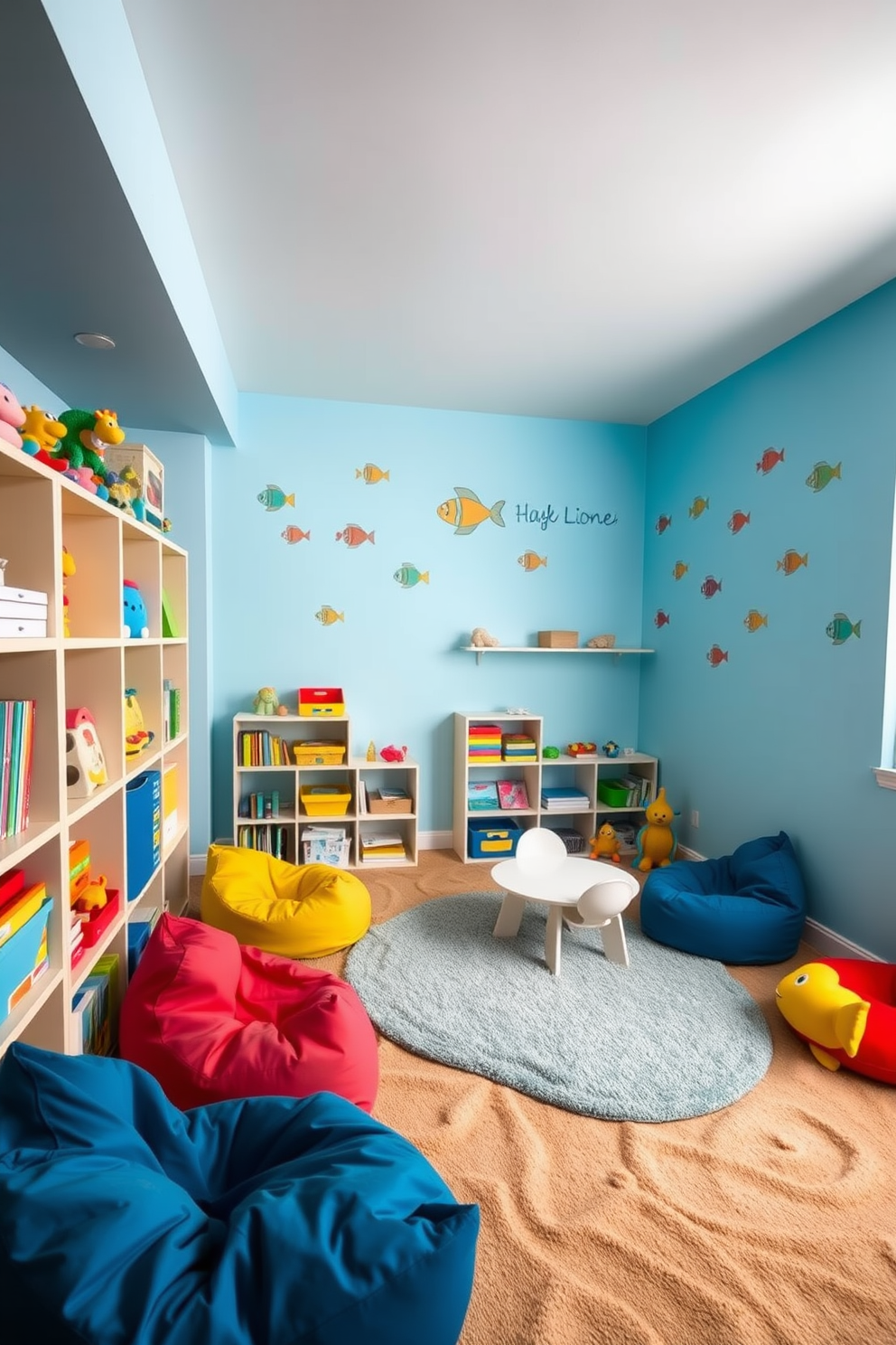 A vibrant play zone inspired by the ocean. The walls are painted in soft blue hues adorned with playful sea creature decals. There are colorful bean bags shaped like fish scattered around the room. A large area rug mimics sandy shores, providing a comfortable space for children to play. Shelves are filled with ocean-themed toys and books, creating an inviting atmosphere. A small table with seashell-shaped chairs encourages creative activities and crafts.