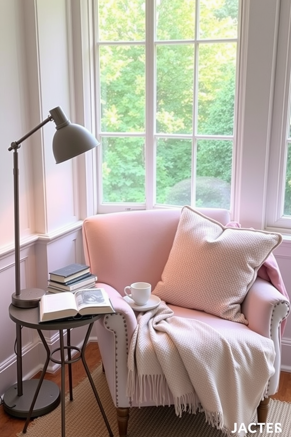 A cozy summer reading nook featuring a plush armchair in a soft pastel color, positioned next to a large window that allows natural light to flood the space. A stylish reading lamp with adjustable brightness stands beside the chair, casting a warm glow perfect for evening reading sessions. The nook is adorned with a small side table holding a stack of favorite books and a steaming cup of tea. Soft, textured throw pillows and a lightweight blanket drape over the armchair, inviting relaxation and comfort.