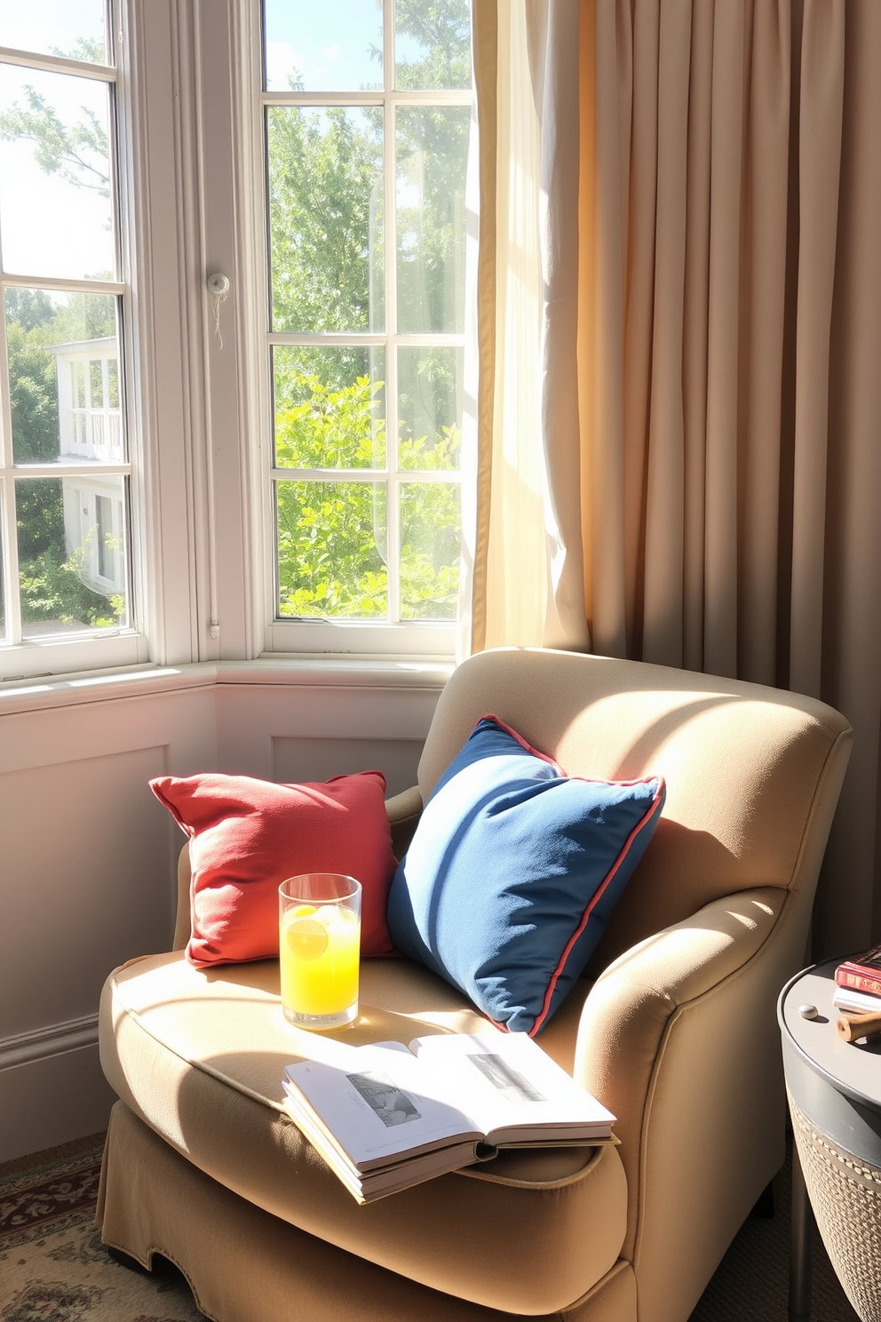 A cozy reading nook bathed in natural light. Soft throw pillows in vibrant colors are scattered across a plush armchair, inviting relaxation and comfort. A small side table holds a stack of summer reading books, accompanied by a refreshing glass of lemonade. The walls are adorned with light, airy curtains that flutter gently in the breeze, enhancing the serene atmosphere.