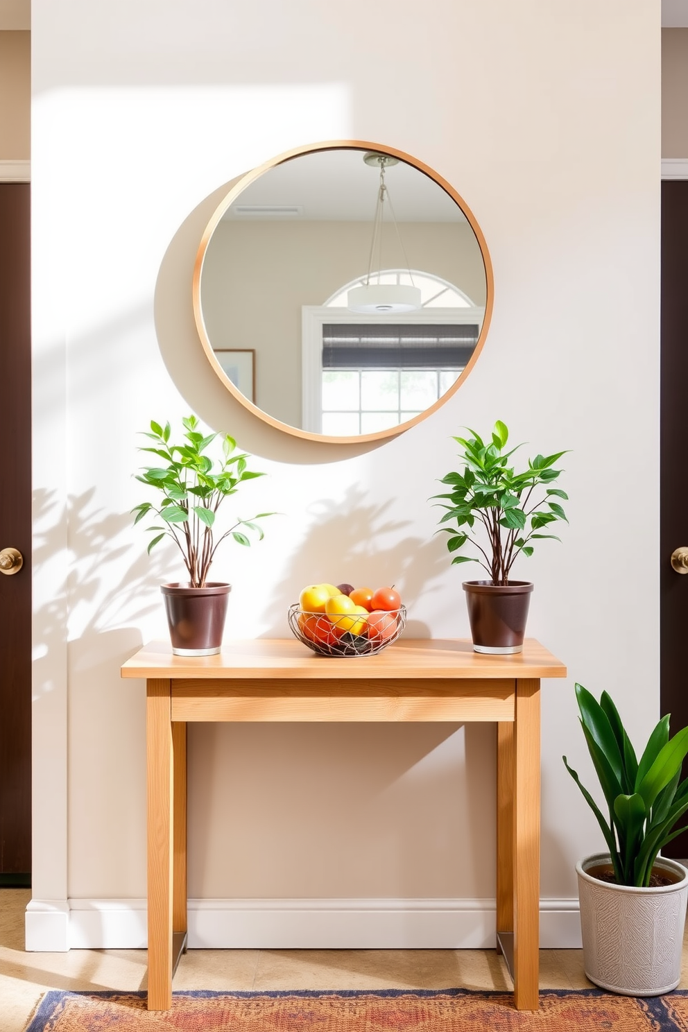 A charming entryway features a small console table with a light wood finish. Above the table, a round mirror reflects natural light, enhancing the space's brightness. On the console table, a decorative bowl holds fresh fruits, adding a pop of color. Flanking the table are two potted plants that bring a touch of greenery to the area.