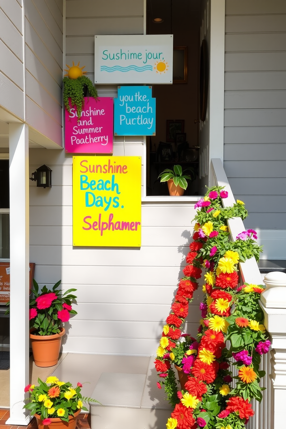A vibrant summer-themed signage decorates the outdoor space with bright colors and playful fonts. The signs feature quotes about sunshine, beach days, and relaxation, inviting guests to embrace the summer spirit. The staircase is adorned with fresh flowers and greenery, creating a lively atmosphere. Colorful summer-themed garlands drape along the banister, adding a cheerful touch to the ascent.