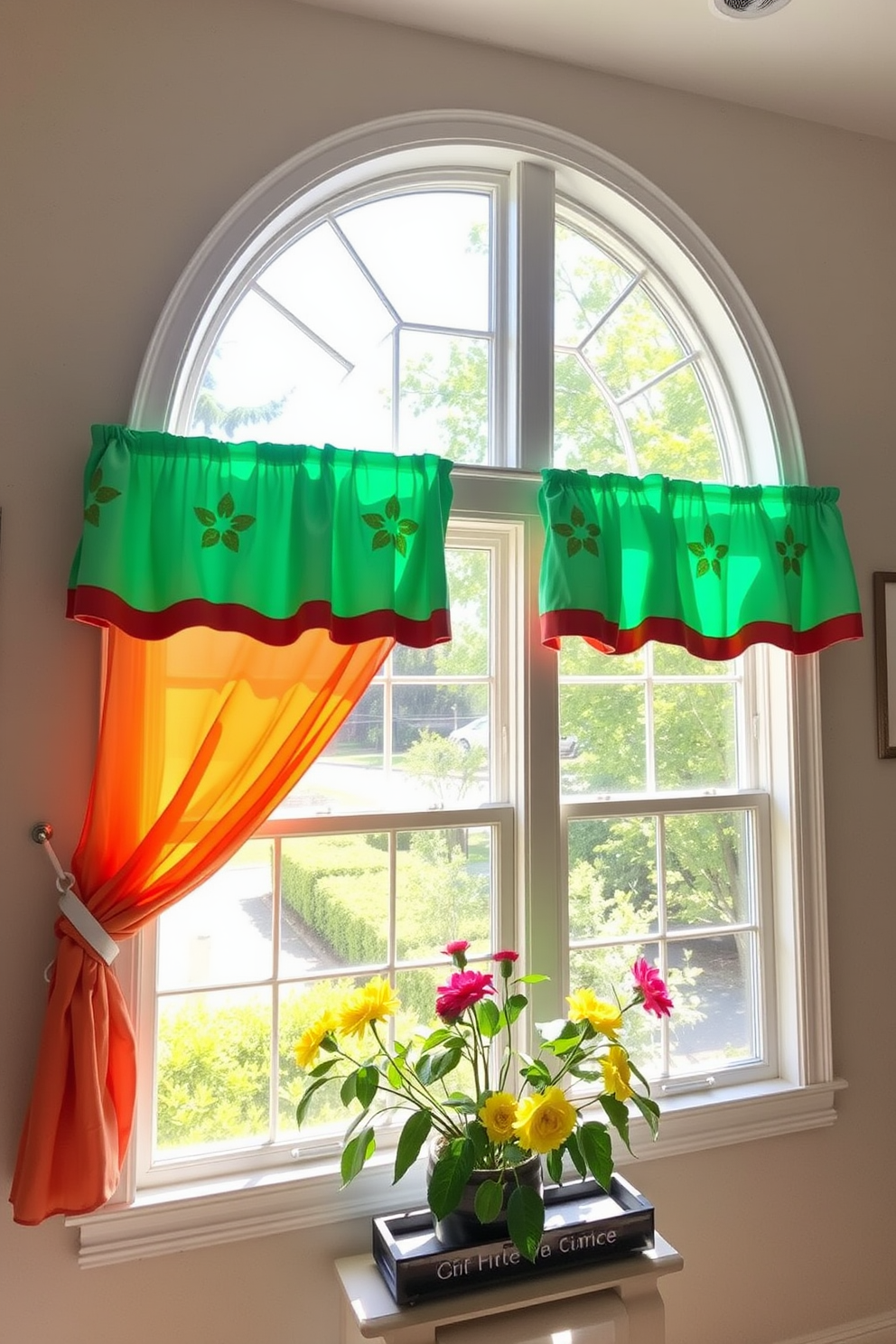 Bright colored valances adorn the windows, adding a vibrant touch to the summer decor. The cheerful hues create a lively atmosphere, complementing the natural light streaming in.