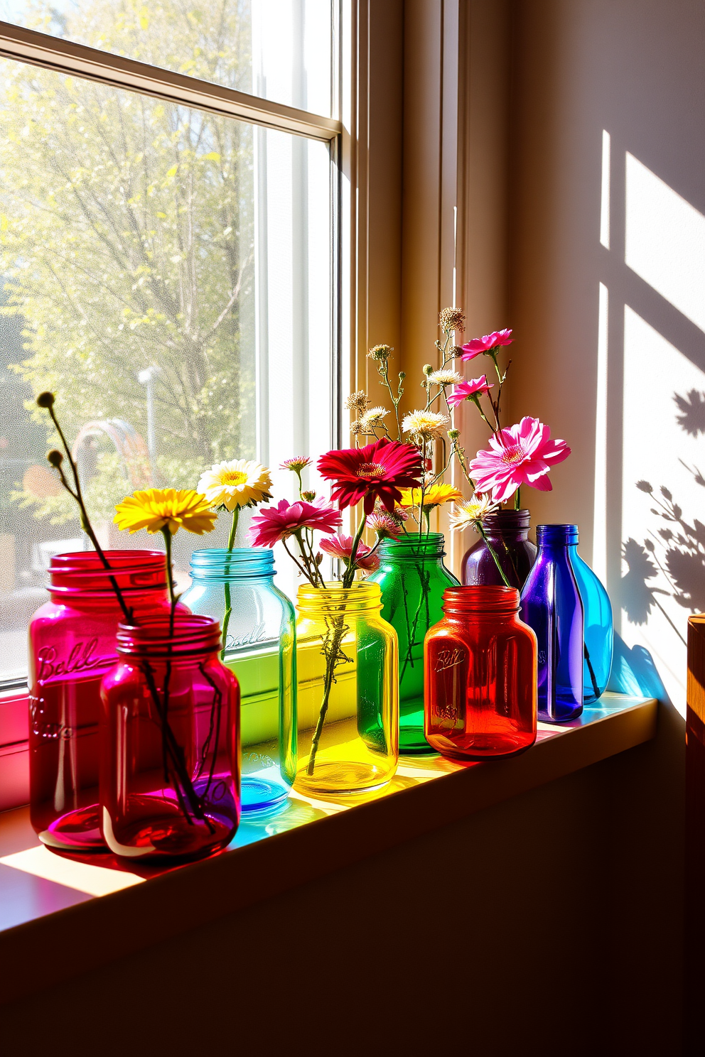 Colorful glass jars in various sizes are arranged on the windowsill, catching the sunlight and casting vibrant reflections across the room. Each jar is filled with seasonal flowers and natural elements, creating a cheerful and inviting atmosphere.