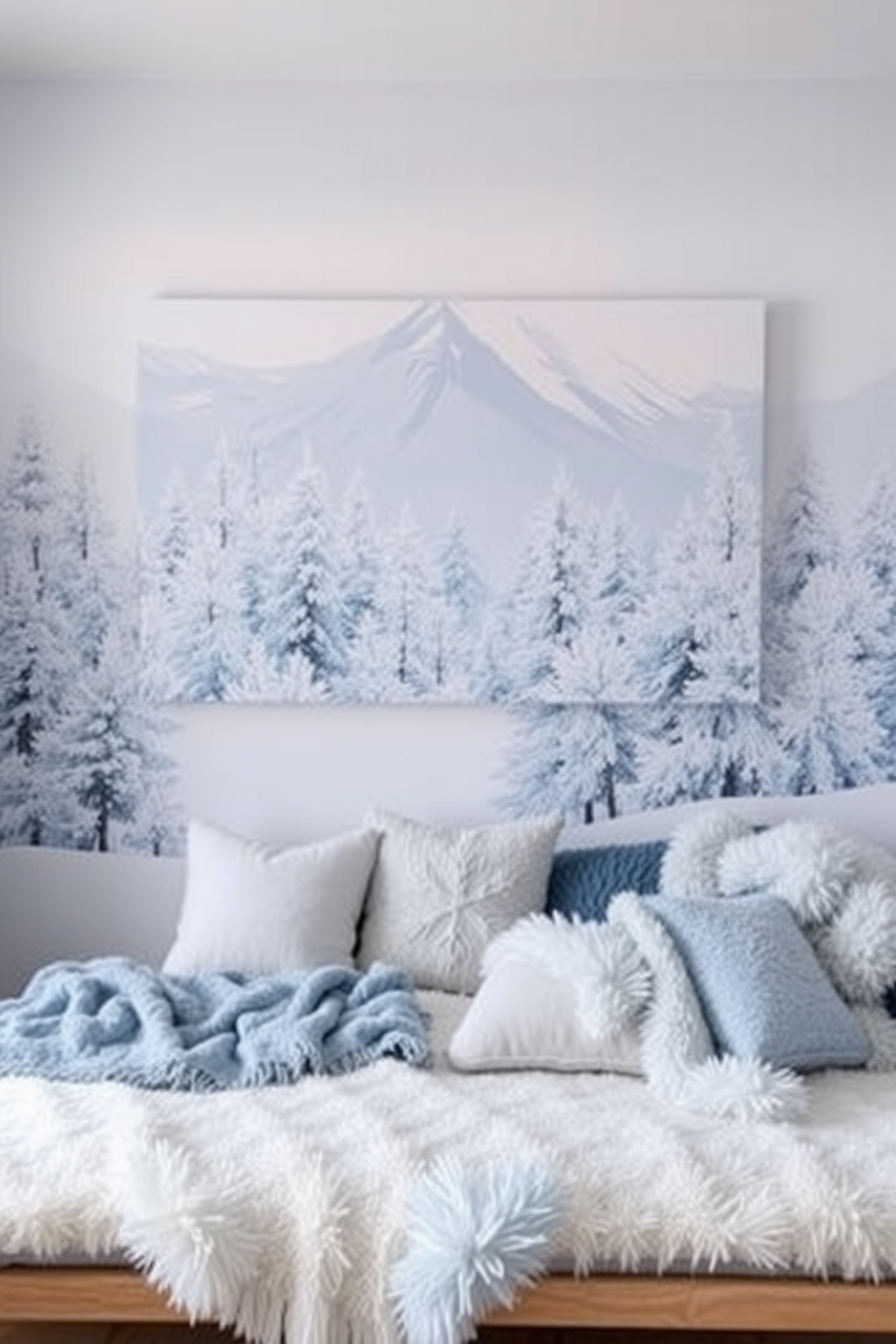 Winter-themed wall art for inspiration. A serene landscape of snow-covered trees fills the canvas, creating a tranquil atmosphere. Soft hues of blue and white dominate the color palette, enhancing the wintery vibe. Delicate snowflakes are painted lightly around the edges, adding a whimsical touch to the piece. Winter Playroom Decorating Ideas. The playroom features cozy seating with plush blankets in icy blue and silver tones. A large mural of a snowy mountain scene serves as a backdrop, inspiring imaginative play in a winter wonderland setting.